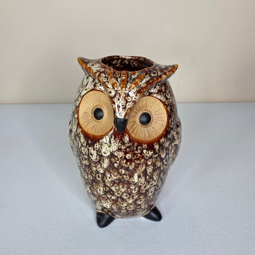 Ceramic Owl Vase Planter 8 In Brown Speckled Glazed Autumn Fall Decor Halloween